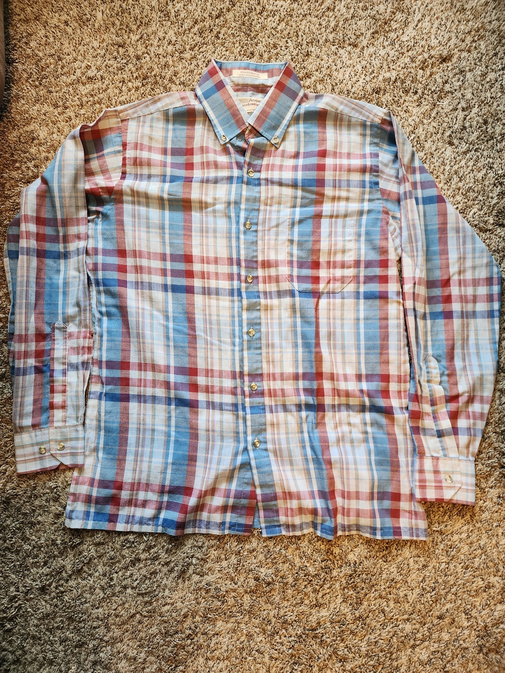 Vintage Arrow Boardwalk Plaid Button Down Shirt Mens Medium Blue Red Preppy